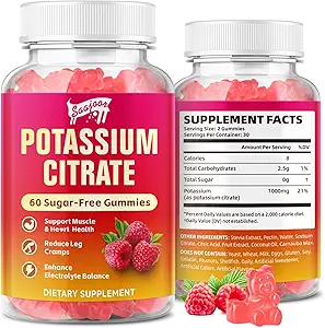 Potasyum Gummies 1000 mg, Yetişkinler Kadınlar ve Erkekler için Potasyum Tamam, Destek Leg Cramps & Muscle Health, 60 Count