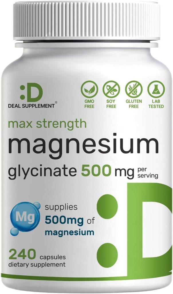Max Strength Magnezyum Glycinate 500 mg Per Servisi, 240 Capsules | Easy Abors için 100% Chelated, Sleep, & Heart Health