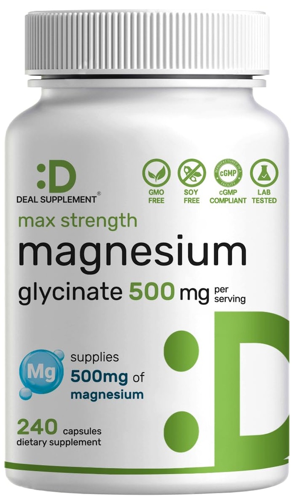 Max Strength Magnezyum Glycinate 500 mg Per Servisi, 240 Capsules | Easy Abors için 100% Chelated, Sleep, & Heart Health