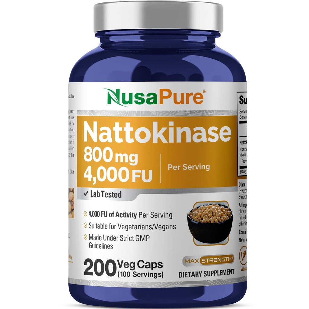 NusaPure Nattokinase 4000 FU 800 mg, 200 Veggie Capsules (Vegan, Non-GMO)