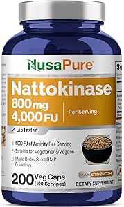 NusaPure Nattokinase 4000 FU 800 mg, 200 Veggie Capsules (Vegan, Non-GMO)