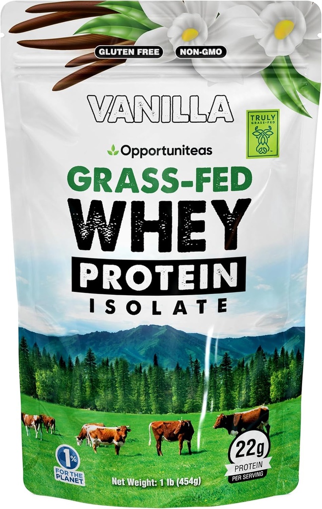 Opportunitas Grass Fed Vanilla Whey Protein Isolate Powder - 22g Protein Powder Χωρίς Τεχνητά Γλυκαντικά, Ορμόνες-ελεύθεροι αγελάδες, Μη GMO - 1lb