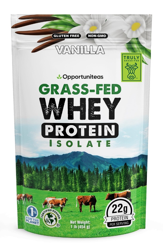 Opportuniteas Grass Fed Vanilla Whey Protein Isolate Toz - Yapay Tatlıcılar olmadan 22g Protein Toz, Hormonsuz İnekler, GMO - 1lb