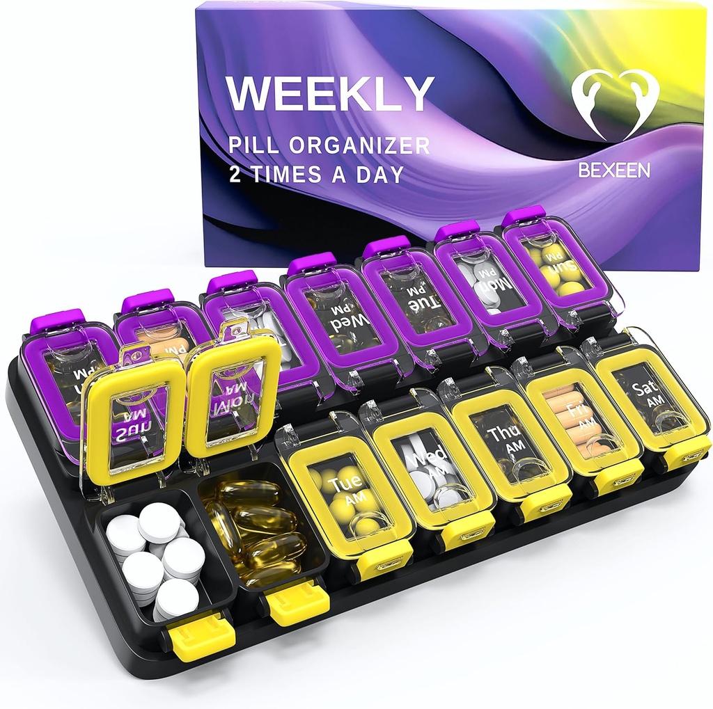 Extra Large Weekly Hill Organizer 2 φορές την ημέρα - Airtight Pill Box 7 ημέρα - Am Pm περίπτωση βιταμίνης - Medicine Container Δύο εβδομάδες κάτοχος συμπλήρωμα καθημερινά φαρμακευτική αποθήκευση δύο φορές Med XL κίτρινο / Purple