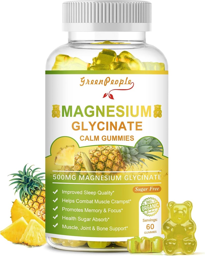GREENPEOPLE Magnezyum Glycinate Gummies with Citrate 1000 mg, Taurate & Matale - Sugar Free - Magnezyum Piyal Supplement with Vitamin D, K2 for Calm Mood & Zzz Support - 60 Pineapple Gummies