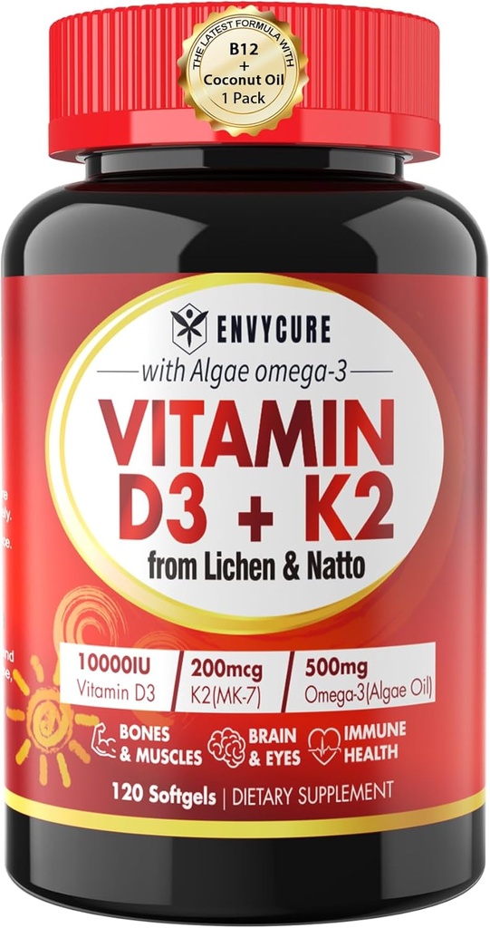 Συμπληρώματα με βάση το φυτό βιταμίνη D3 K2 Softgel - Vit D3 10000 Iu + Βιταμίνη K2 Mk7 200 Mcg, Algae Omega-3, Μαγνήσιο, Βιταμίνη B12 για τα οστά και τους μυς, Ανοσοποιητική Υποστήριξη, Μέγιστη Απορρόφηση, Εύκολη Κατάποση 1 συσκευασία