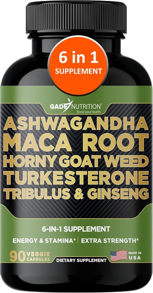Gade Nutrition Ashwagandha με Maca Root, Horny Goat Weed, Turkesterone Supplement, Tribulus Terrestris, Panax Ginseng 