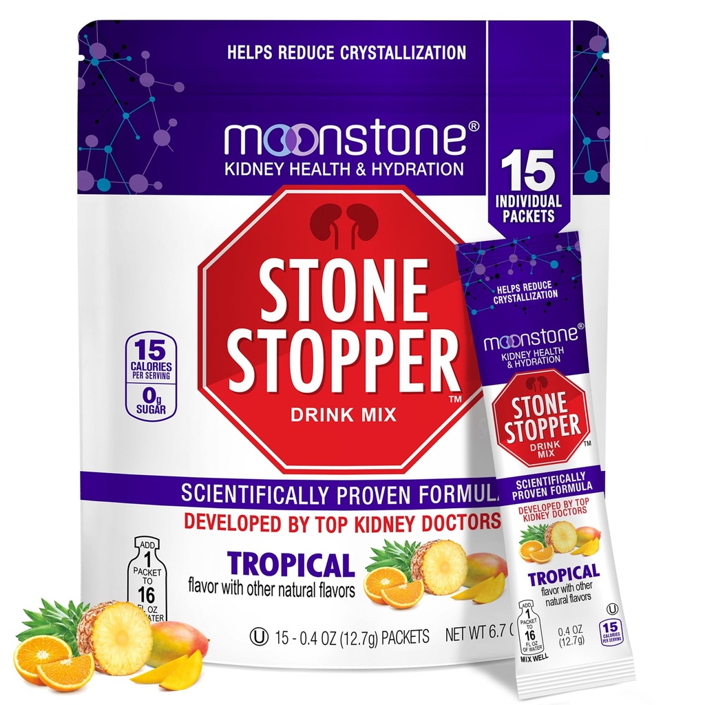 Moonstone Stone Stopper Drink Mix, Tropikal, Kidney Stone Önleme, Food Oxalate Protector, Urologists tarafından Hydration ve Support Kidney Health, 15 Day Supply