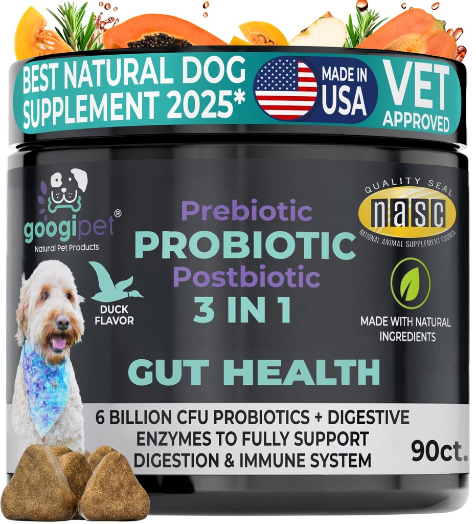 Googipet Probiyotiks for Dogs Digestive Health - Prebiyotiks and Probiyotiks Chews for Dogs Gut Health + Digestive Enzymes - Dog Probiyotiks for Yeast Itchy Skin Itchy Ears w/Papaya, Riley, & Fiber