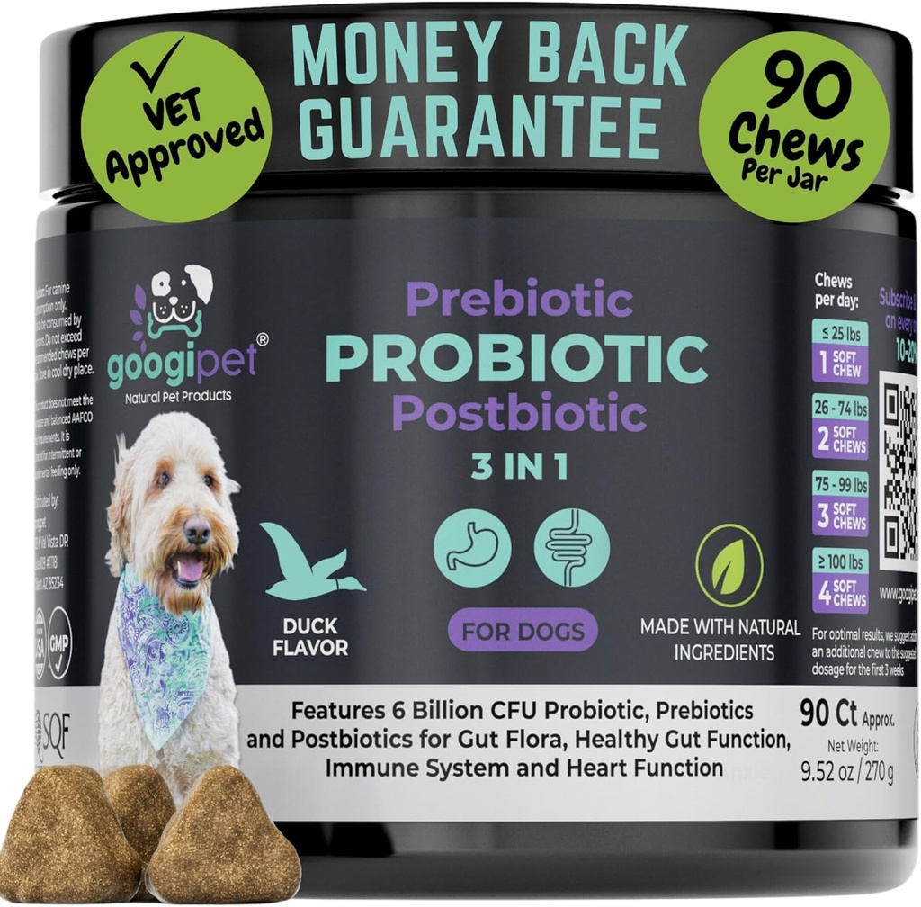 Googipet Probiyotiks for Dogs Digestive Health - Prebiyotiks and Probiyotiks Chews for Dogs Gut Health + Digestive Enzymes - Dog Probiyotiks for Yeast Itchy Skin Itchy Ears w/Papaya, Riley, & Fiber