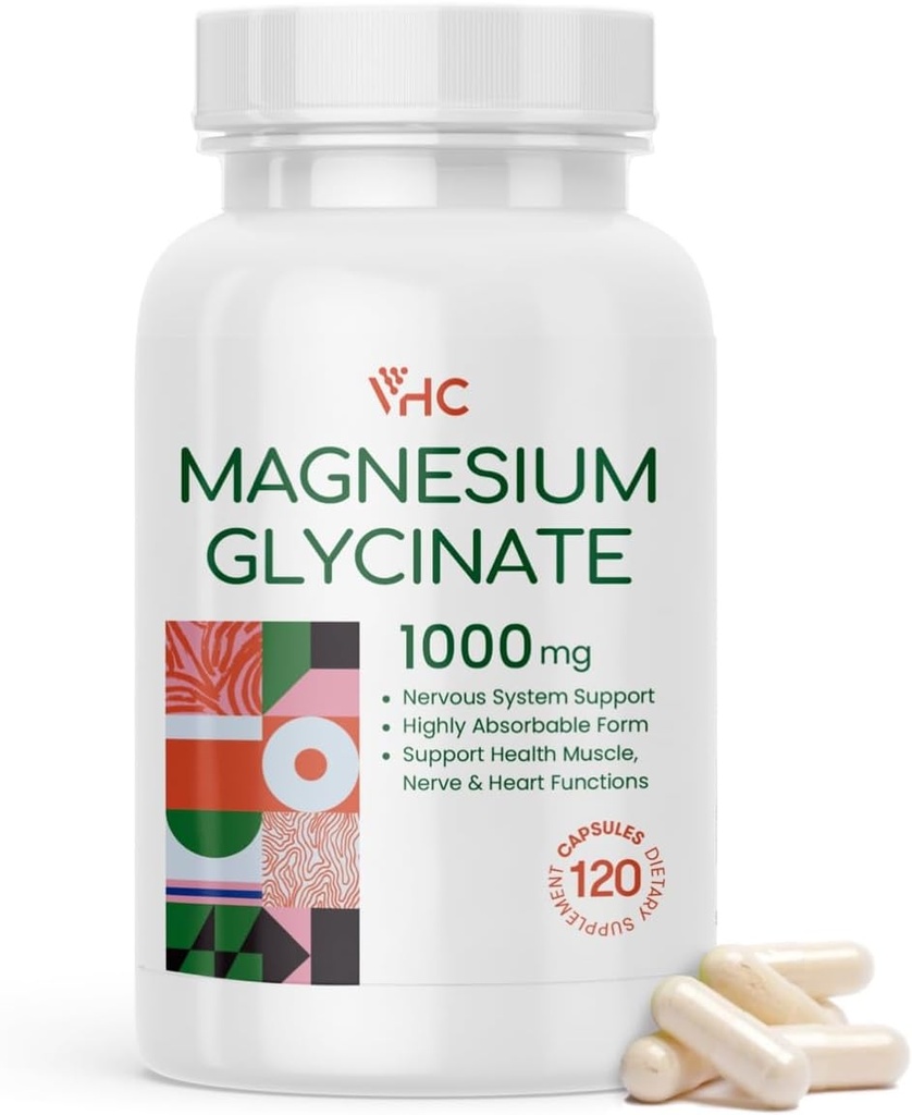 VHC Magnezyum Glycinate 1000 mg, Yüksek Absorps, Kadınlar ve Erkekler için Saf Magnezyum Glycinate Supplement, Non-GMO No Gluten, 120 Veggie Caps, USA