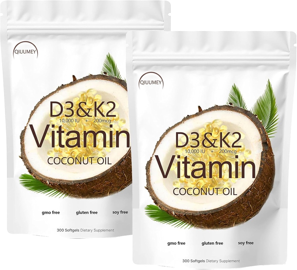 D3 + K2 Coconut Oil Yumuşak Gels, D3 10000 iu Plus K2 (MK-7) 200 mcg, D3 K2 Supplement Softgels, Replenish Vitamin D3 K2 Coconut Yağ Yumuşakgels 300 Gels