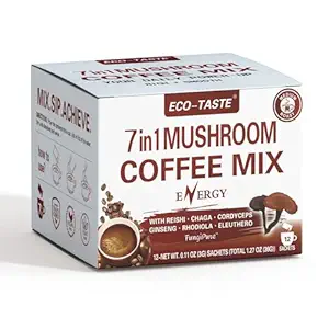 Mushroom Coffee Mix 7 in 1, TCM Designed for Energy with Reishi, Cordyceps, Chaga, Rhodiola, Ginseng, and Eleuthero Mushroom Extracts – 12 Sachets