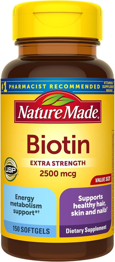 Nature Made Extra Strength Biotin 2500 mcg, Diyetsel Saç, Skin & Nail Desteği, 150 Softgels, 150 Gün Supply
