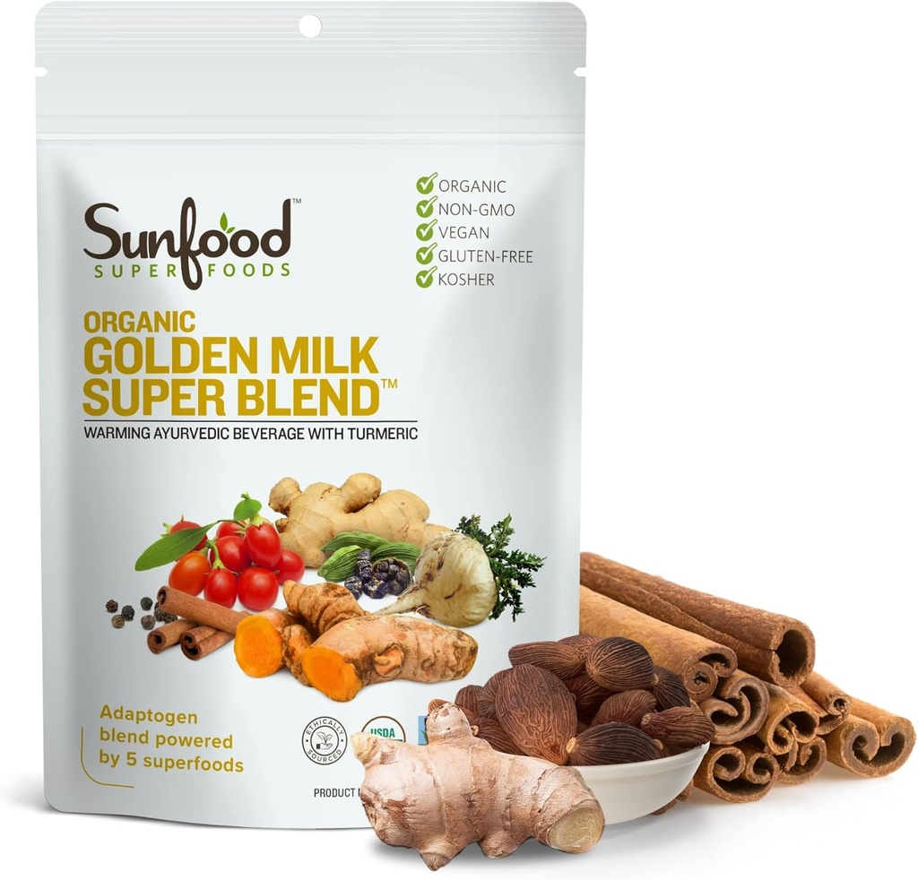 Sunfoods Golden Milk Super Mix - Superfood Golden Milk, Turmeric Toz, Turmeric ve Ginger, Black Pepper, Cinnamon & Cardamom, Turmeric Latte Toz, Vegan, USDA Organik - 6 ozz