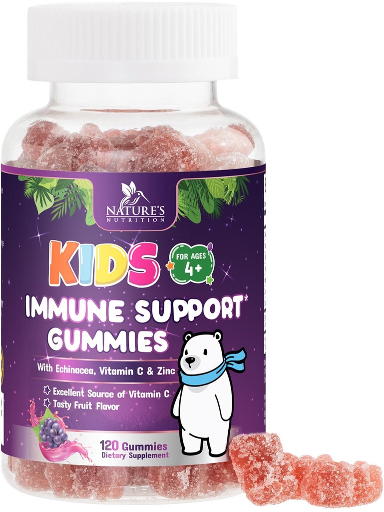 Immune Support Gummies for Kids with Vitamin C, çinko & Echinacea - Çocuk Günlük Immune Health Support Gummy Supplement, Ages 4 and Up, Natures Kid's Vitamins Gluten-Free & Non-GMO - 120 Gummies