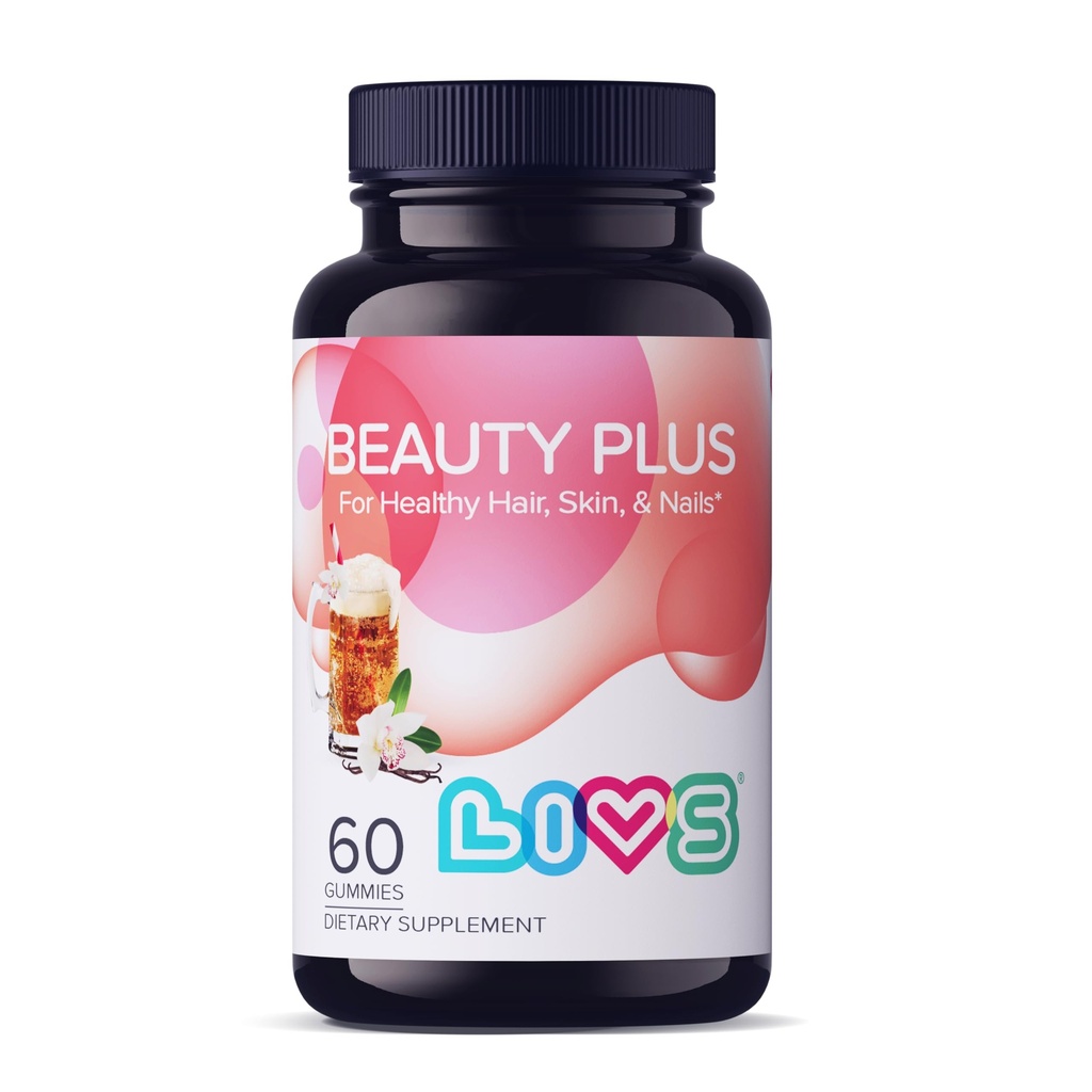 LIVS Beauty Plus Gummys - Biotin Gummies for Hair, Skin and Nails | Natural, Gluten-Free, Non-GMO Beauty Supplement with A, C, E, B12, D3, çinko & More - Cream Soda Flavor - 60 Ct