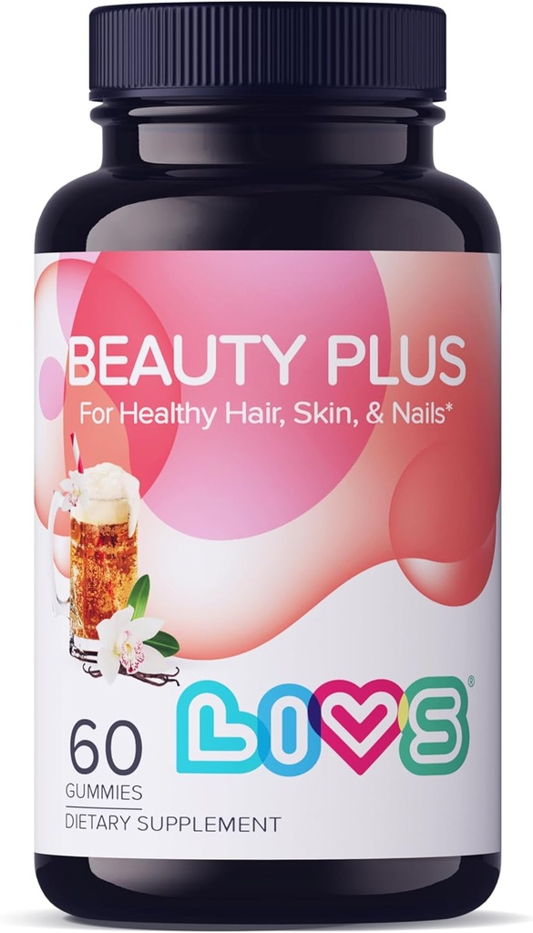 LIVS Beauty Plus Gummys - Biotin Gummies for Hair, Skin and Nails | Natural, Gluten-Free, Non-GMO Beauty Supplement with A, C, E, B12, D3, çinko & More - Cream Soda Flavor - 60 Ct
