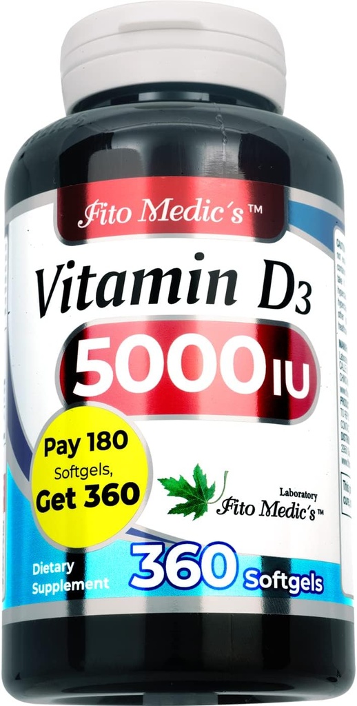 FITO MEDIC'S Lab - Vitamin d - 5000 IU - Vitamin d3-360 Softgels - Vitamin d3 5000 iu - Bone, Teeth, Muscle ve Immune Health Support, Ultra yüksek Aborpsiyon, Vitamina d3.