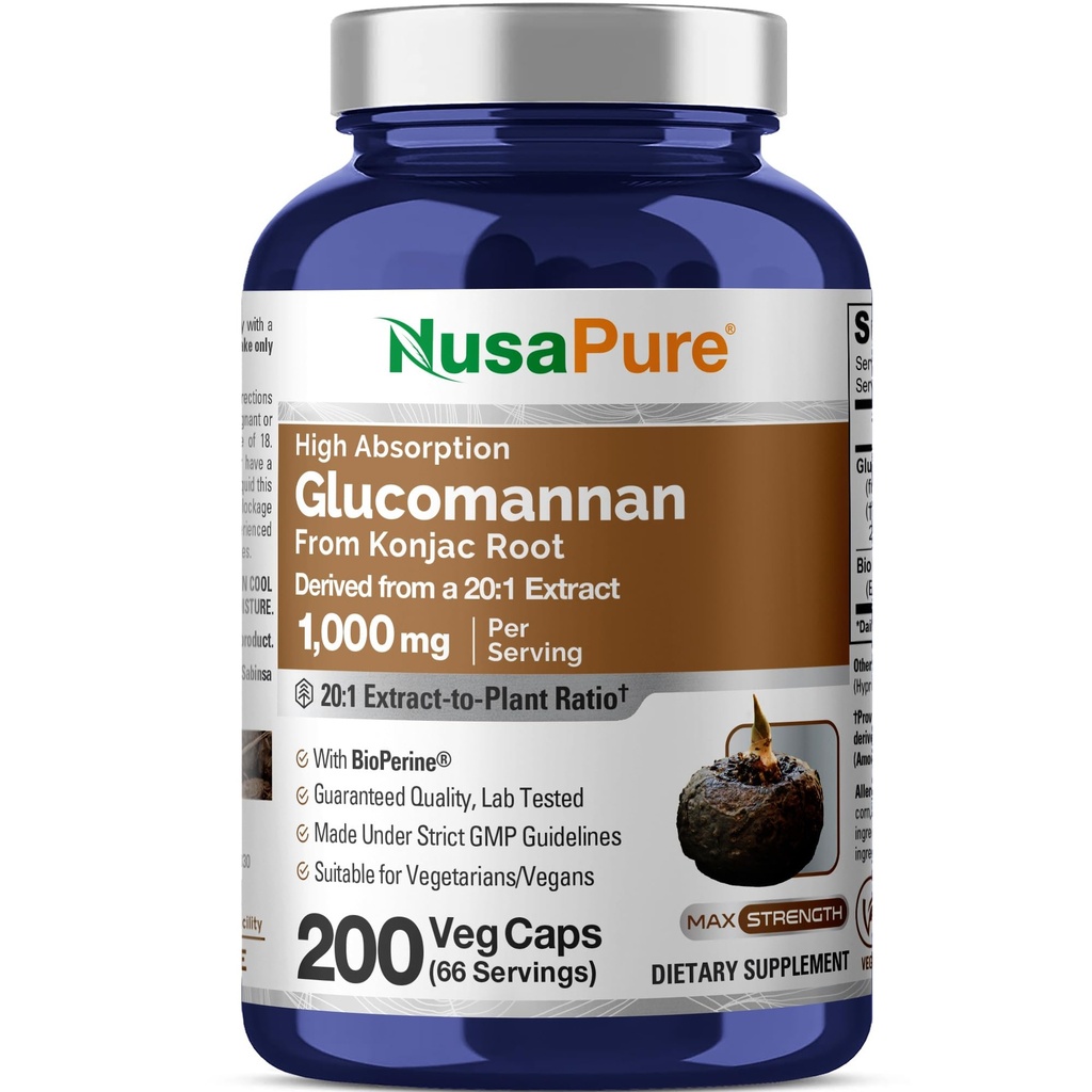 NusaPure Glucomannan 20,000 mg 200 VCaps (20:1 Ekstraksiyon, BioPerine Non-GMO, Vegan) Konjac Root