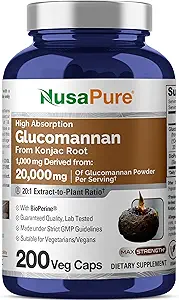NusaPure Glucomannan 20,000 mg 200 VCaps (20:1 Ekstraksiyon, BioPerine Non-GMO, Vegan) Konjac Root