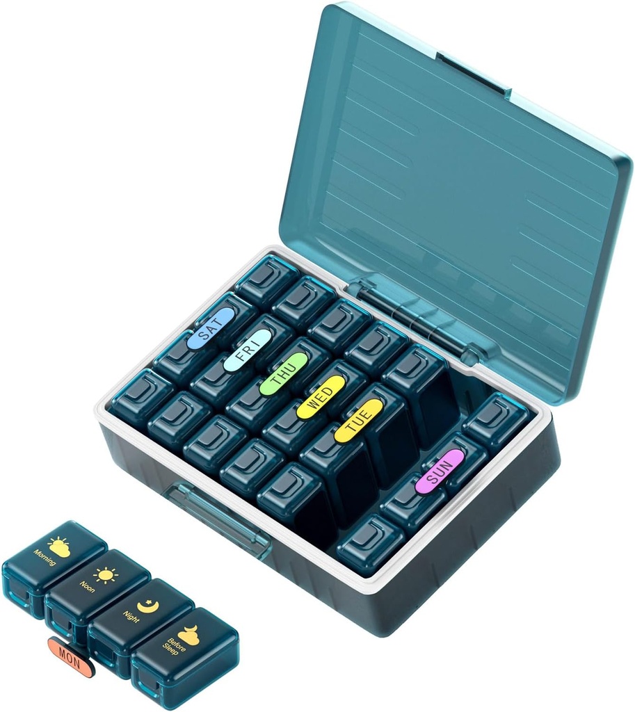 Haftalık Pill Organizer 4 Times a Day, Büyük Karşılaştırmalar Pill Box 4X 7 Gün, Tıp Piller /Vitamins/Fish Oils/Medication /Supplements (4x7 Blue)