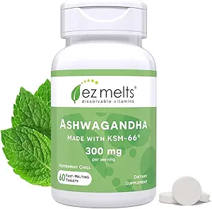 EZ Melts Dissolvable KSM-66 Ashwagandha, 300 mg, Sugar-Free, Stress, Sleep and Mood Support Supplement, 30-Day Supply, Peppermint Chill-Flavor - 1 Pack