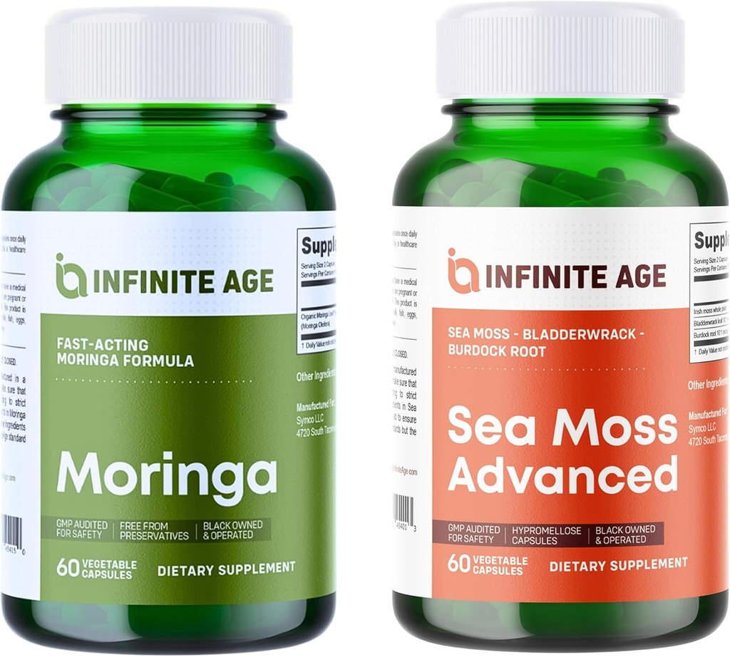 INFINITE AGE Wellness Sche - Sea Moss Advanced 1250 mg, Moringa Toz Organik Supplement 1000 mg - ABD'de Yapıldı