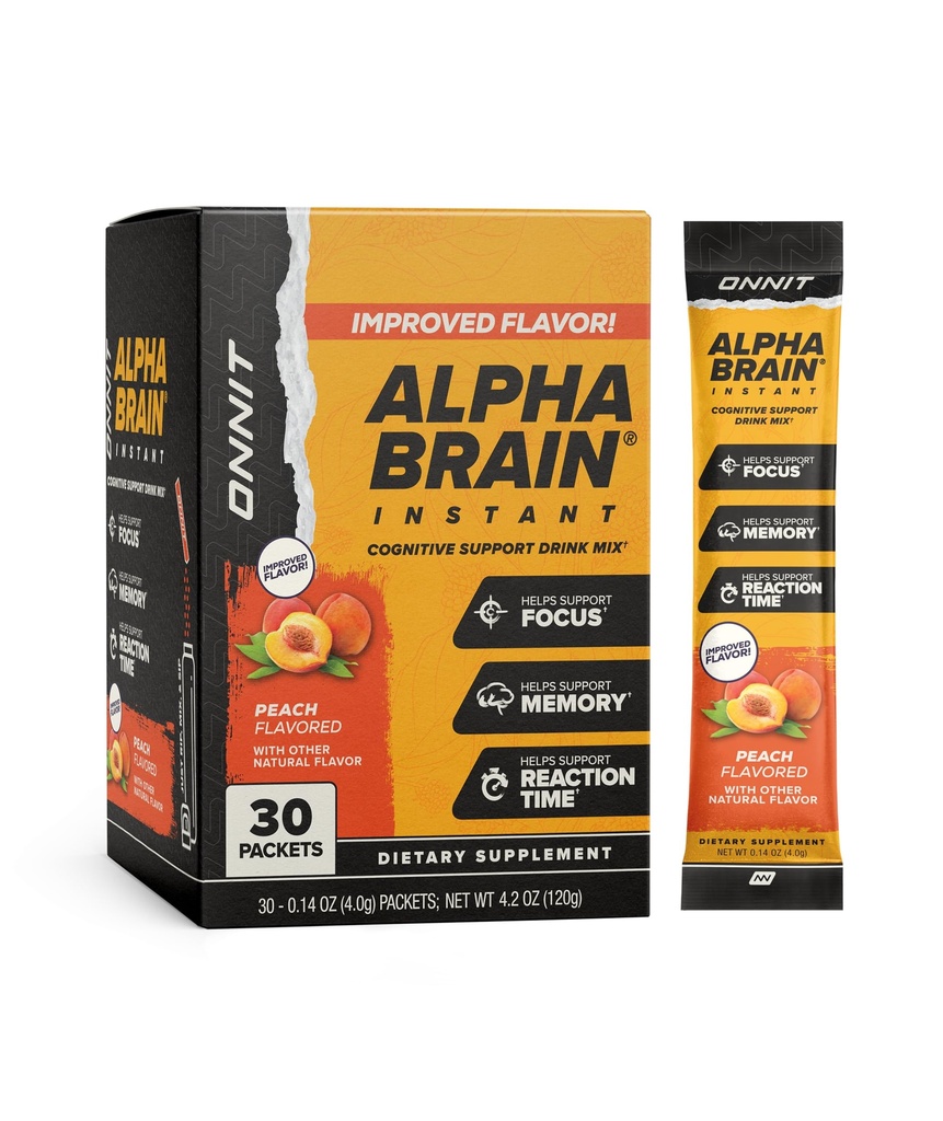 ONNIT Alpha Brain Instant Peach Flavor - Nootropic Brain ATM Memory Supplement - Focus, Energy & Clarity - Alpha GPC Choline, Cats Claw, L-Theanine, Bacopa - 30ctic Brain ATM Memory Supplement - For Focus, Energy & Clarity - Alpha GPC Choline, Cats Claw, L-Theanine, Bacopa - 30ct