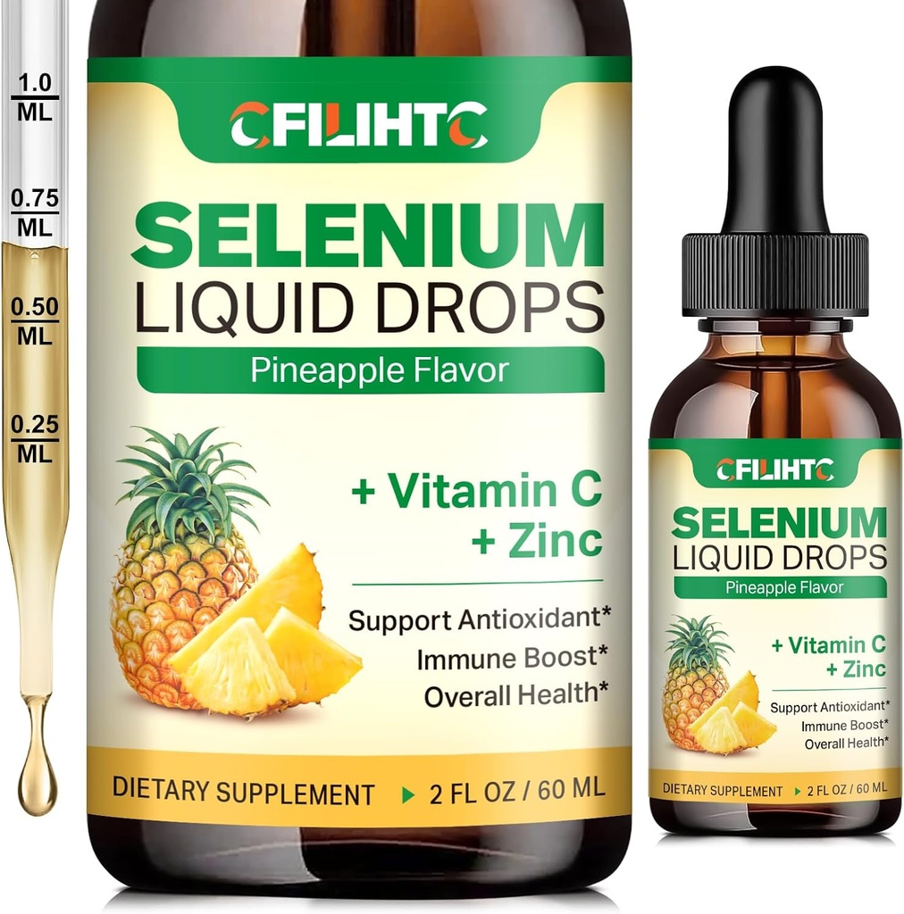 Selenium Liquid Drops, 200 C & Çinko ile Sıvı Selenyum Tamam, Immune System, Antioksi & Heart Health, High Abxia, Pineapple Flavor, 2 Fl Oz
