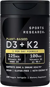 Spor Araştırma Vitamin D3 K2 ile 5000iu Plant-Based D3 & 100 A Vitamin K2 MK-7 olarak, Non-GMO  Valid & Vegan Onaylandı - 160 Sıvı Yumuşakgels
