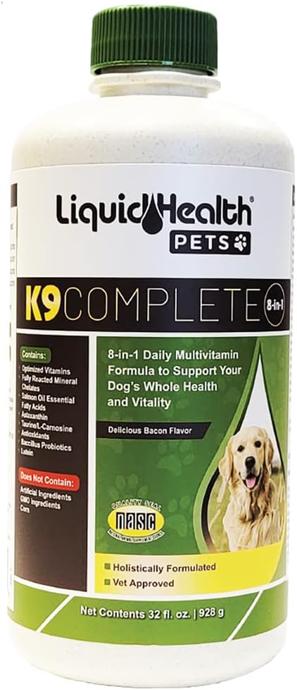 LIQUIDHEALTH Κατοικίδια ζώα K9 Πλήρης 8-σε-1 Υγρή Πολυβιταμίνη για ενήλικες Senior Dogs & κουτάβια, Όλα σε μία ολοκληρωμένη Φόρμουλα Βιταμίνες Καναρινιού για το δέρμα & παλτό, Κοινή Υγεία, Ανοσοποιητική Υποστήριξη - USA Made (32 oz)