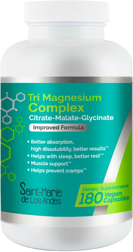 Tri-Magnesium Kompleksi - 180 Capsules (90 Days Supply) - Yüksek Potency Magnezyum Supplement Saint-Marie de Los Andes