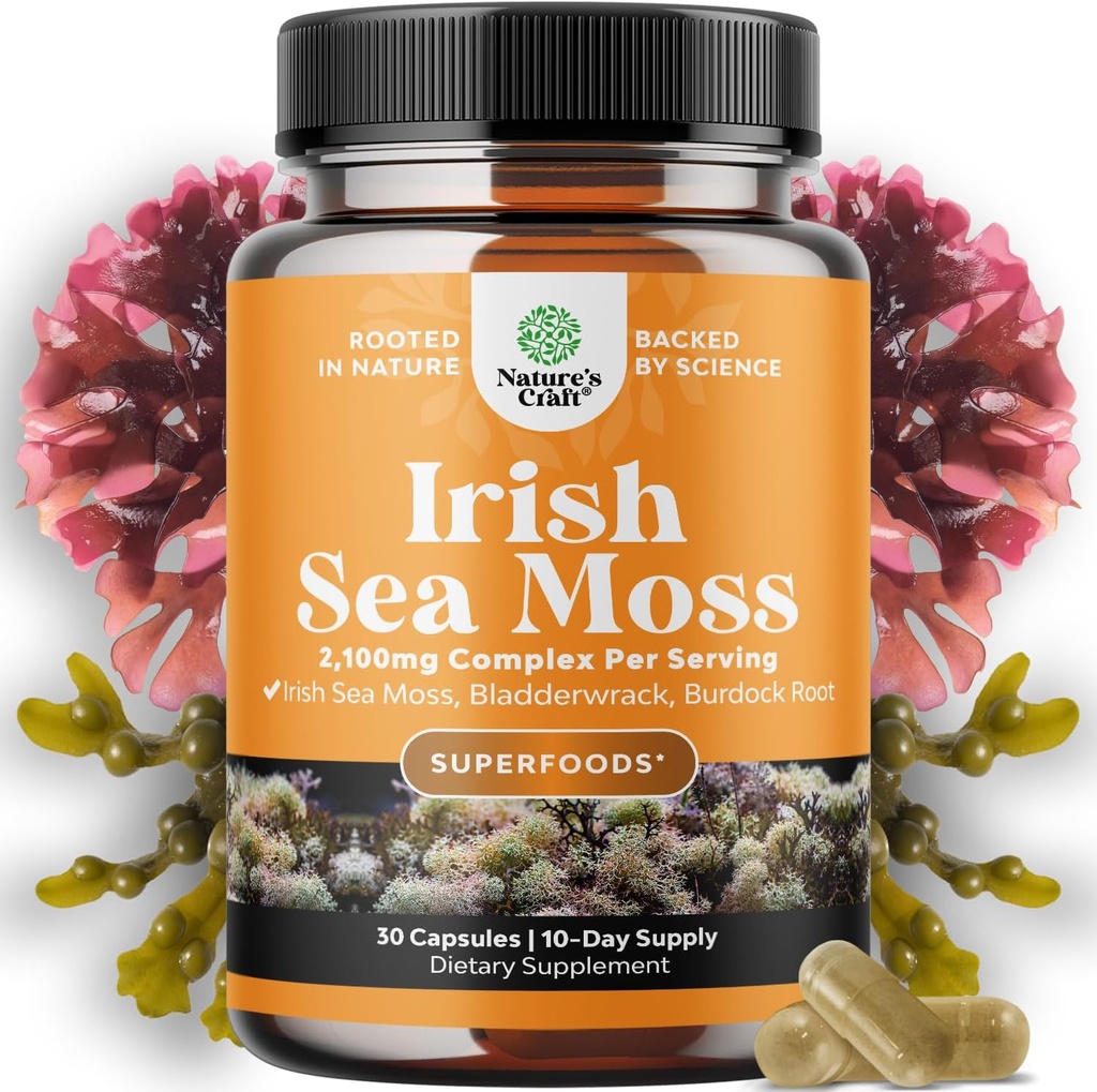 Organic Irish Sea Moss Capsules - Sea Moss and Bladderwrack Capsules with Burdock Root Superfood Blend for Immune Support Heart Health Fertility Joint Health and Thyroid Support for Women and Men