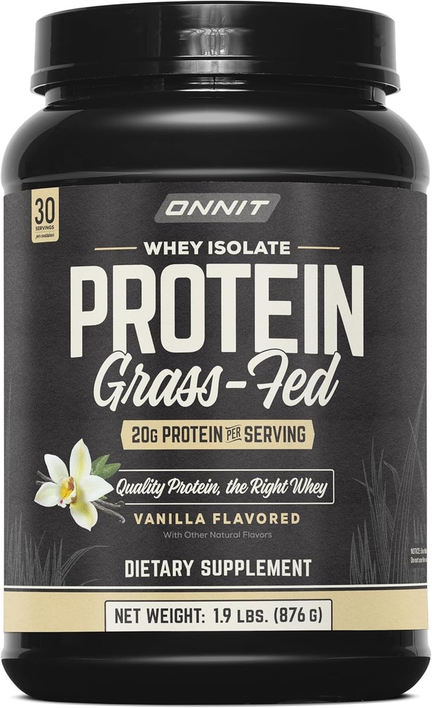 ONNIT Grass Fed Whey Isolate Protein Powder, Vanilla Flavor, Whey Protein Powder Dietary συμπλήρωμα για την υποστήριξη μυϊκής αύξησης και αποκατάστασης προπόνησης, 30 υπηρεσίες ανά Tub, 30,7 oz