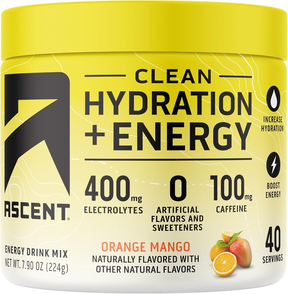 Ascent Clean Hydration + Energy Electrolytes Powder - 100mg Caffeine, 400mg Electrolytes, No Artificial Ingredients, Orange Mango 40 Servings