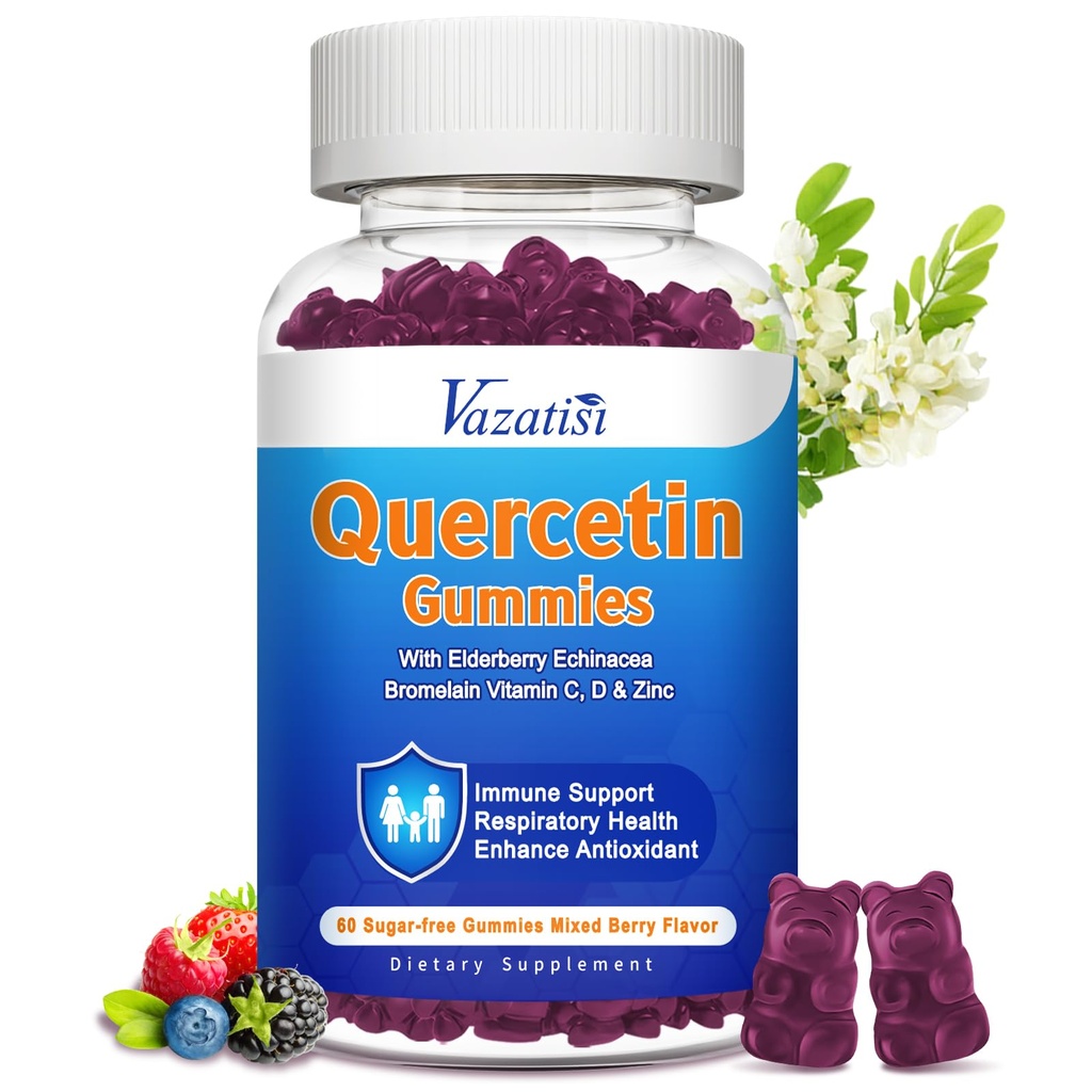 Quercetin με Bromelain Gummies, Quercetin 1200MG με Βιταμίνη C Ψευδάργυρος & Elderberry για ανοσοποιητικό σύστημα & Αλλεργία, μασώμενα & Vegan Gummies, 60 Cts