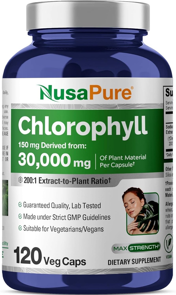 NusaPure Chlorophyll 200:1 Ekstraksiyon, 150 mg Capsule 120 Vejetaryen Caps (Non-GMO, Vegan) için 30.000 mg Eş Eş Eşdeğer