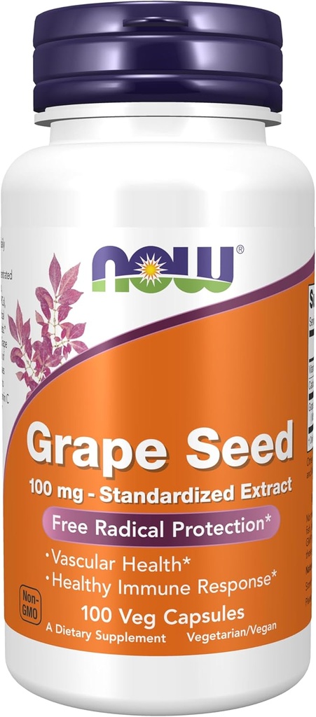 Şimdi Tamamlar, Grape Tohum 100 mg - Standartlaştırılmış Ekstraksiyon, En Az 90 Polyfenols ile, C vitamini ile, 100 Veg Capsules