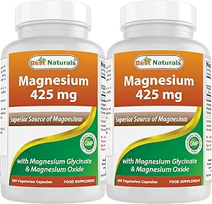 En İyi Doğallar Magnezyum 425 mg 180 Veggie Capsules - Yüksek Abvitamin Magnezyum Glycinate & Magnezyum Oksit Chelated, Non-GMO, Gluten Free Muscle Relax (180 Kont)