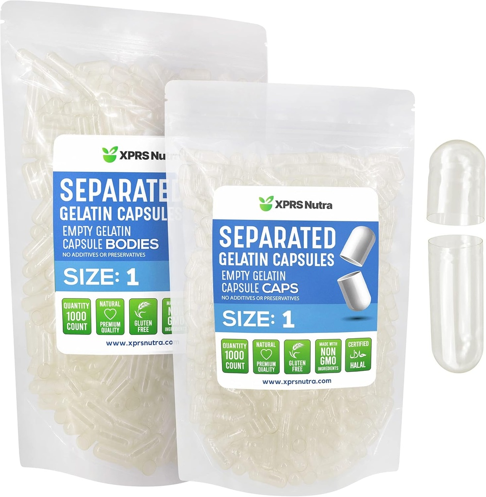 XPRS Nutra Μέγεθος 1 Ζελατίνη χωρισμένες κάψουλες - 1000 μετρητές κενών χαπιών χωρίζονται σε τσάντες - Καθαρίστε άδεια χάπια για DIY Do-It-Yourself συμπλήρωμα συμπλήρωσης