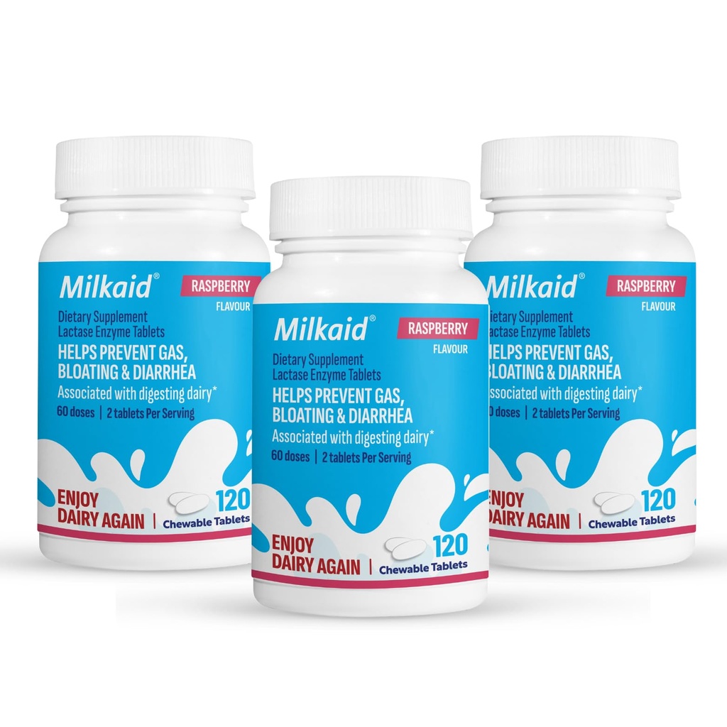 Sütaid Lactase Enzyme, Lactose intolerance Relief | Engeller Gaz, Bloating & Diarrhea | Fast Acting Dairy Digestive Supplement (360 Tablet, Raspberry)