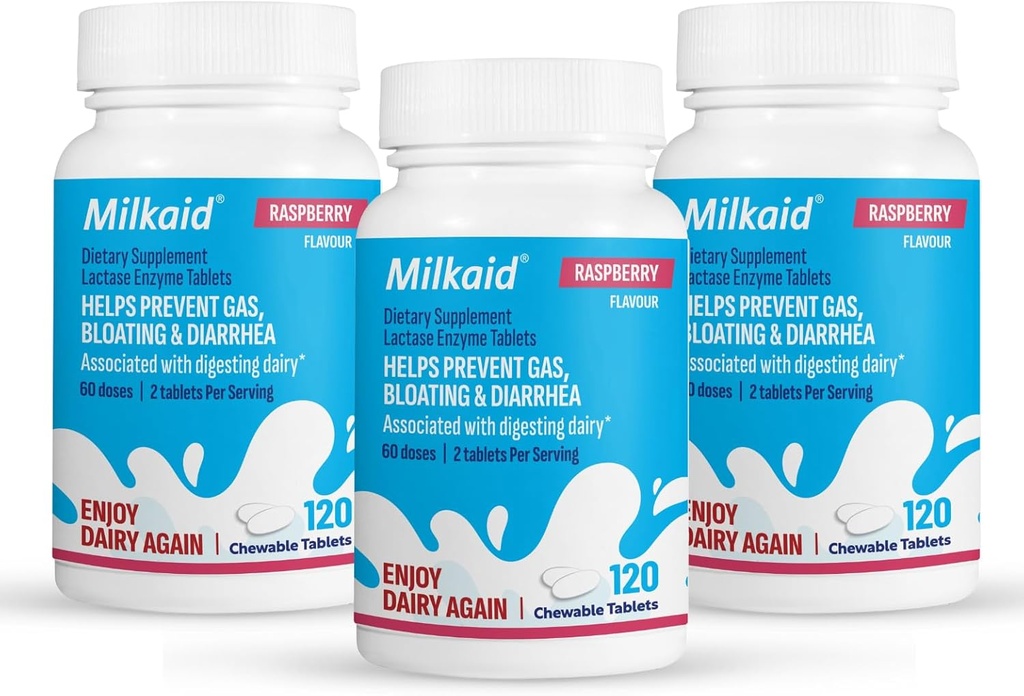 Sütaid Lactase Enzyme, Lactose intolerance Relief | Engeller Gaz, Bloating & Diarrhea | Fast Acting Dairy Digestive Supplement (360 Tablet, Raspberry)