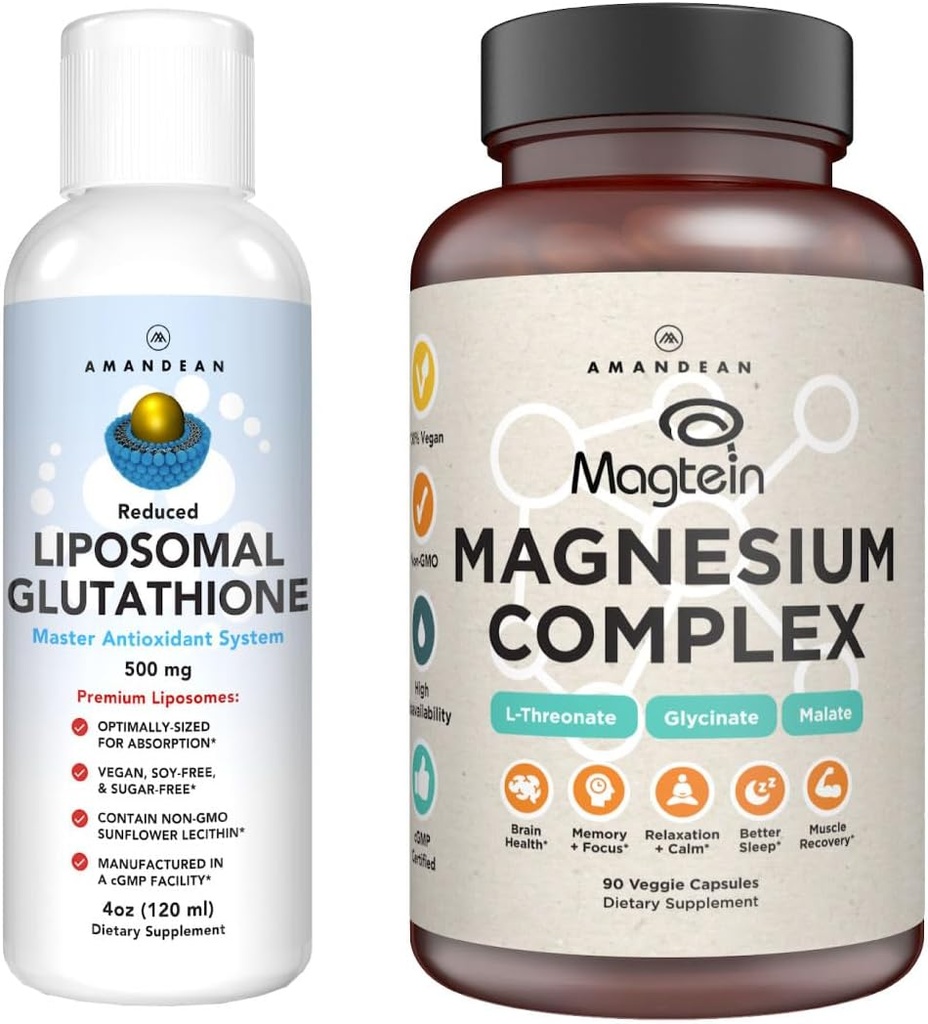 AMANDEAN Premium Liposomal Glutathione & Magnezyum Kompleksi Sche. Antioksi. Sıvı Setria. Yüksek hacimli Magnezyum Threonate, Glycinate & Malate. Beyin & Liver Health. Memory, Focus & Sleep