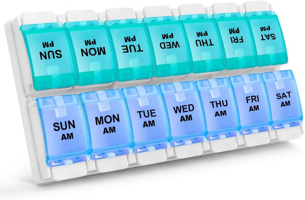 Sukuos AM PM Weekly 7 Day Pill Organizer, 2 Times A Day Pill Box with Arthritis Friendly Push Düğme, Medicine Cases for Vitamin/Fish Oil /Supplements, Easy to Clean (Cyan & Blue)