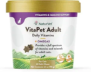NaturVet VitaPet Adult Daily Vitamins Plus Omegas για γάτες, 60 ct μαλακά μάσημα, Κατασκευασμένο στις ΗΠΑ με παγκόσμια πηγή συστατικών