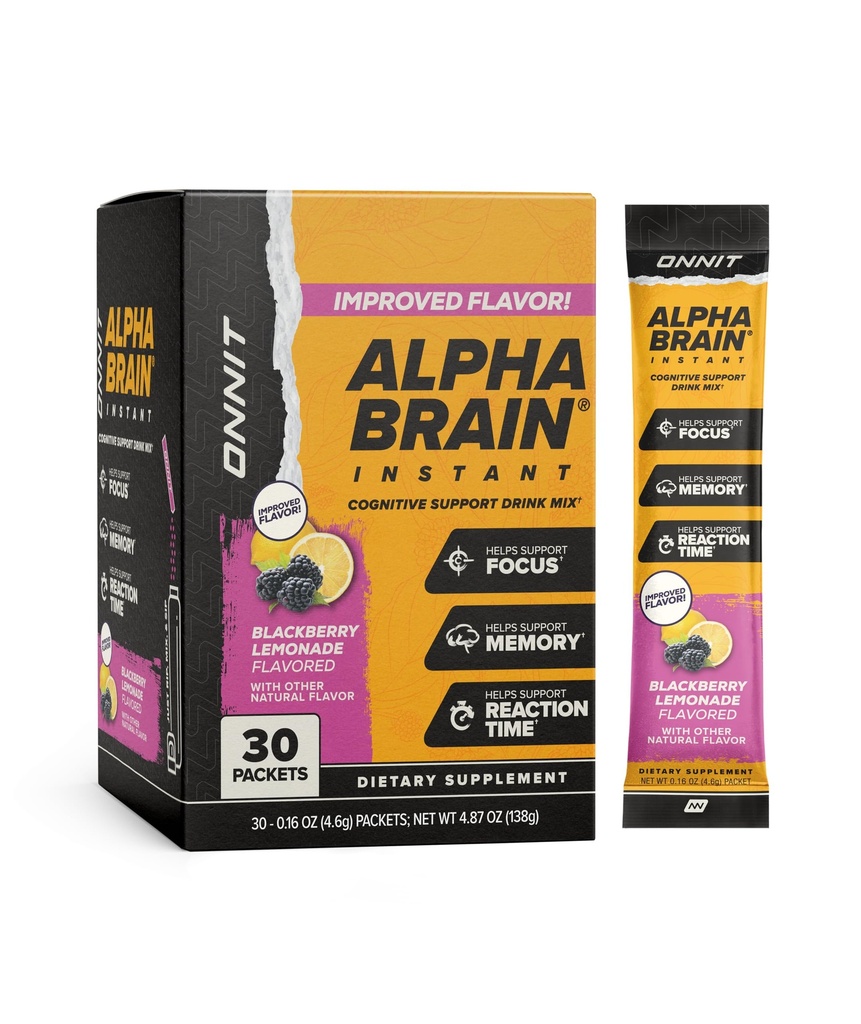 ONNIT Alpha Brain Instant Cognitive Support Drink Mix, BlackBerry Lemonade Flavor, Nootropic Supplement for Focus, Memory, and Clarity, 0.13 oz Packets, 30