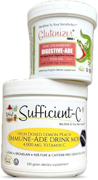 Sufficient-C 250 gram Limon Peach Immune-ade Drink Mix & Glutenizer Force Plus Kiwi Strawberry Digestive-ade Drink Mix - Sche Savings