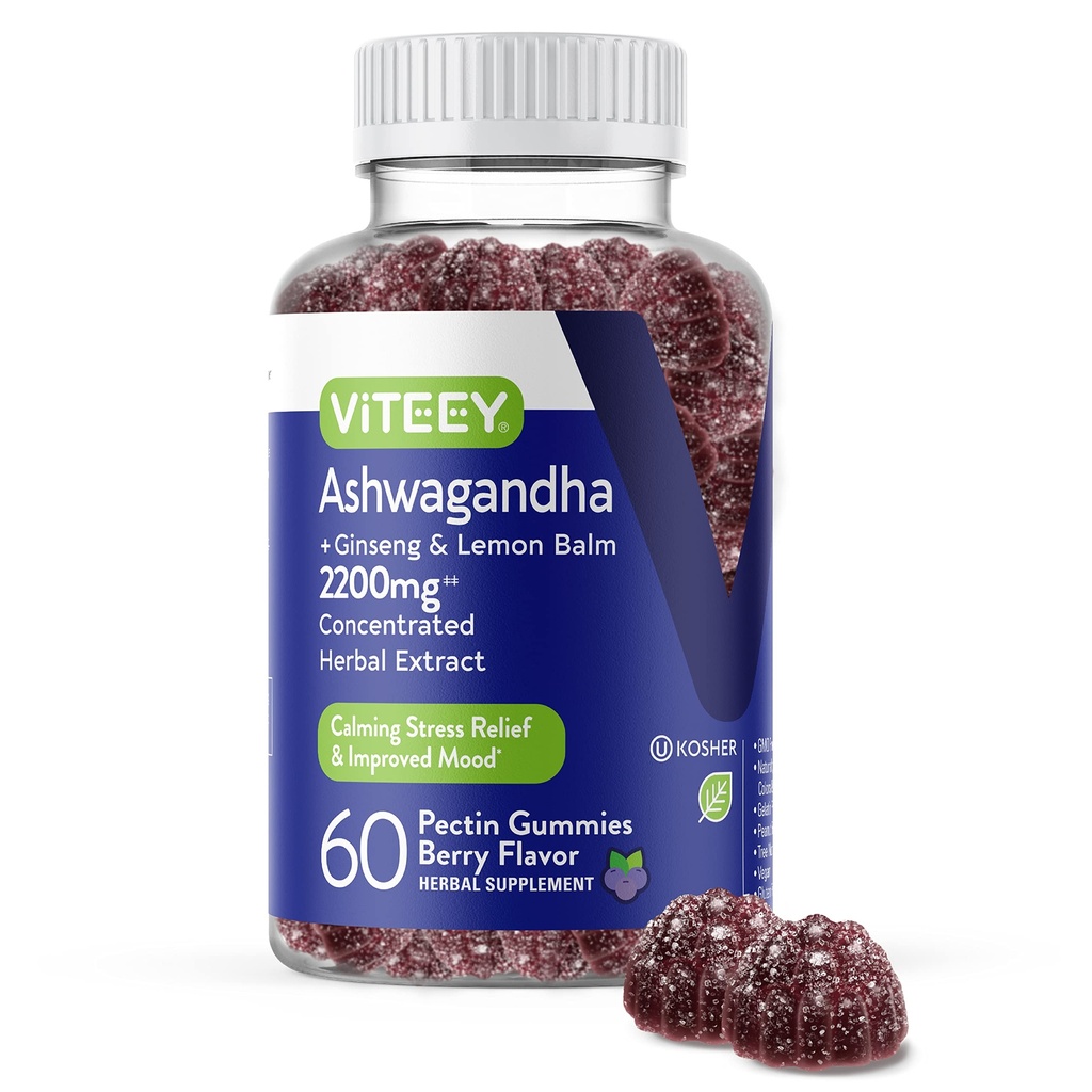 Viteey Ashwagandha Gummies με Ginseng & Lemon Balm - Mood, Calm & Stress Υποστήριξη Ashwagandha Συμπληρώματα - Vegan, Gluten-Free - 60 Count