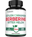 Satoomi Berberine 1500mg Supplement with Organic Ceylon Cinnamon Bark & Bitter Melon - 240 Vegan Capsules for 80 Servings - Immune System, Heart Health, Body Management & Digestion Support